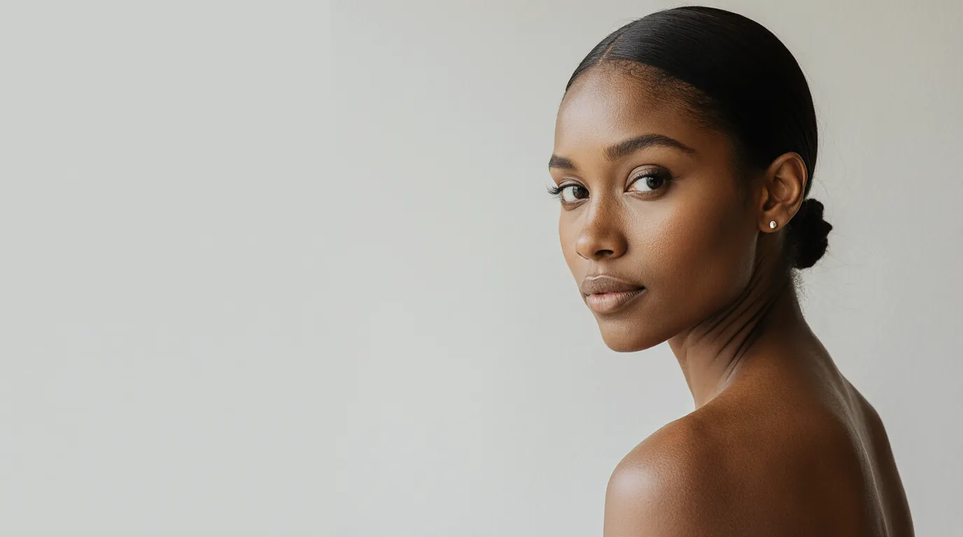A woman with calm, healthy skin against a soft grey background