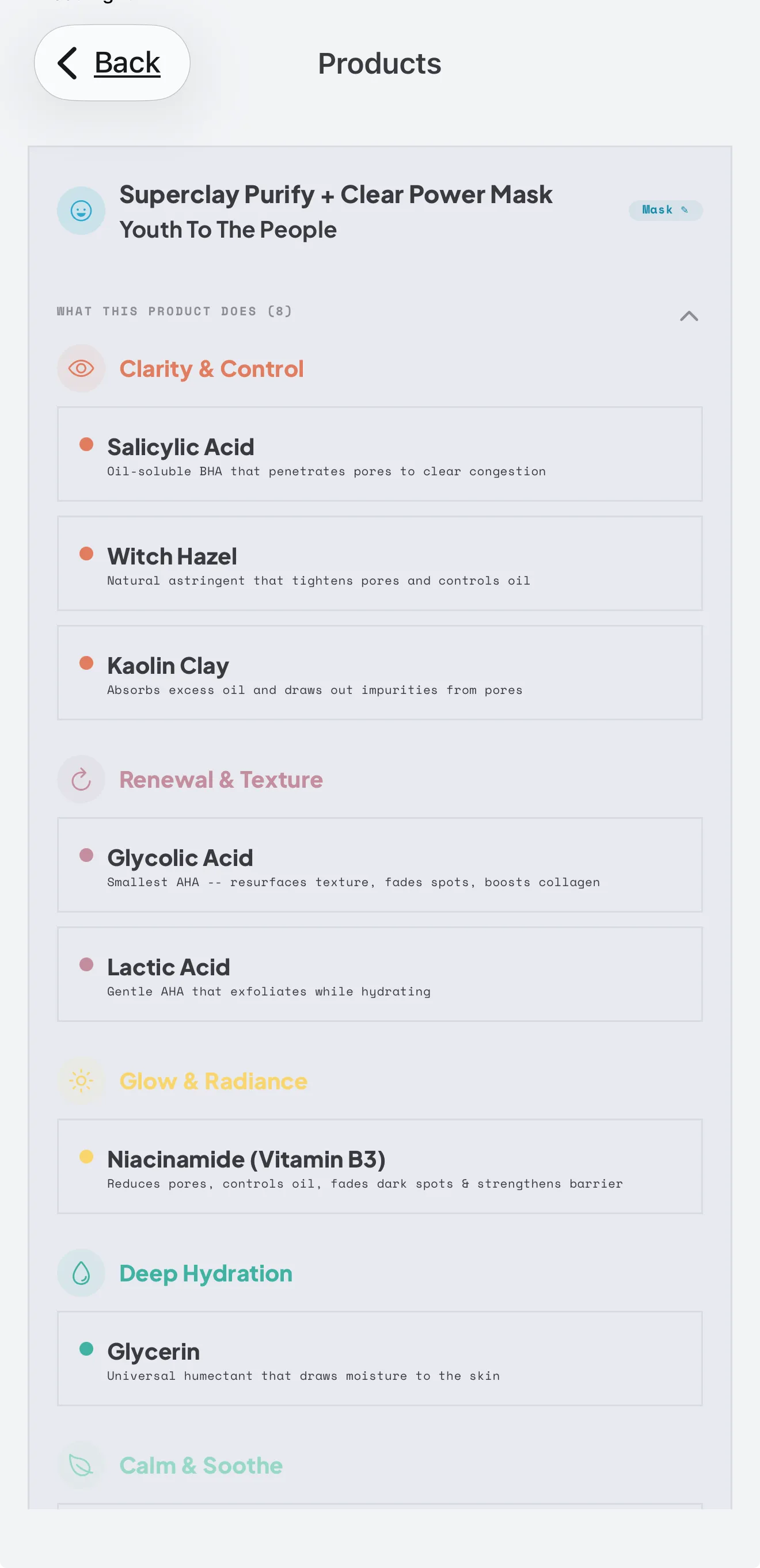 The SEQUEN product view breaking a scanned mask down into its active ingredients, grouped by what each one does