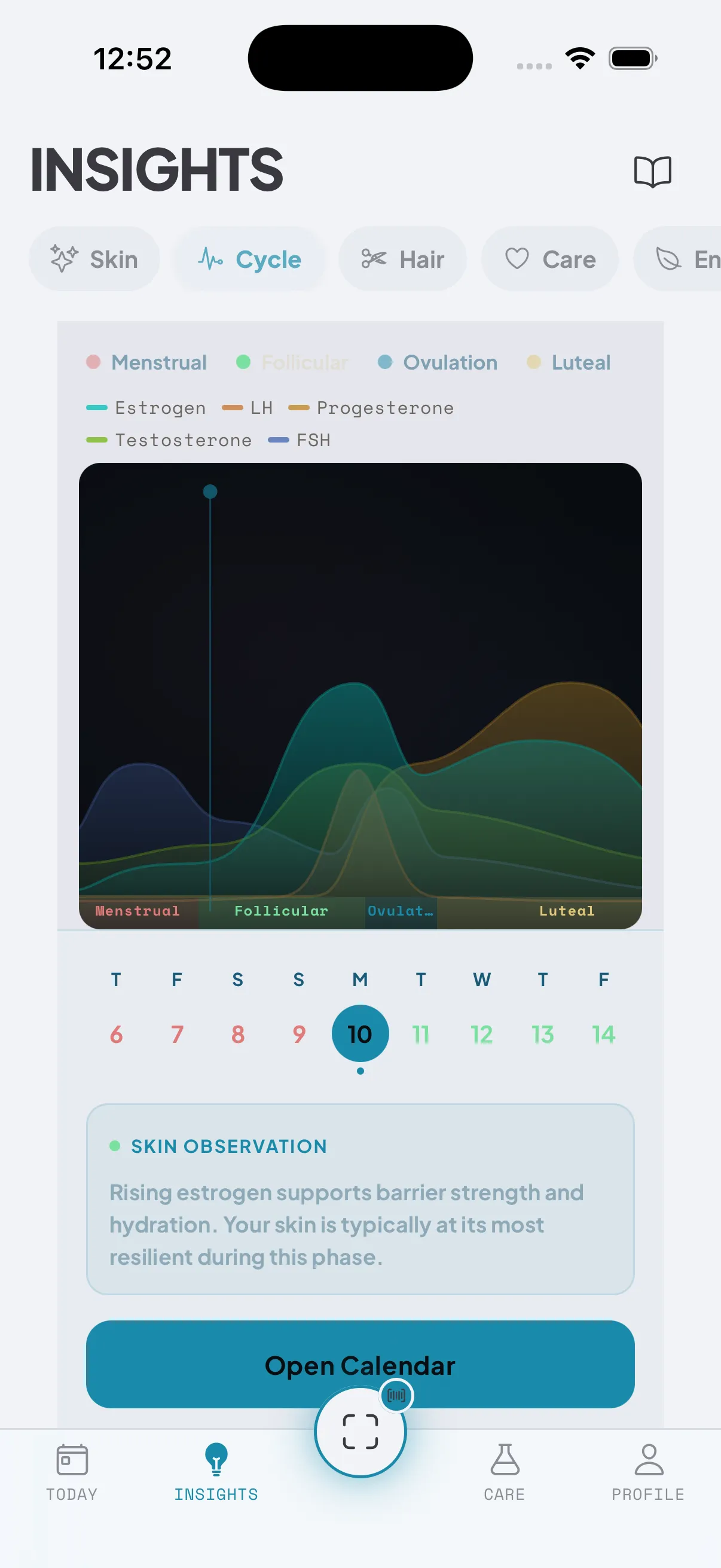 The SEQUEN cycle view showing hormone curves across the menstrual cycle with a skin observation for the luteal phase