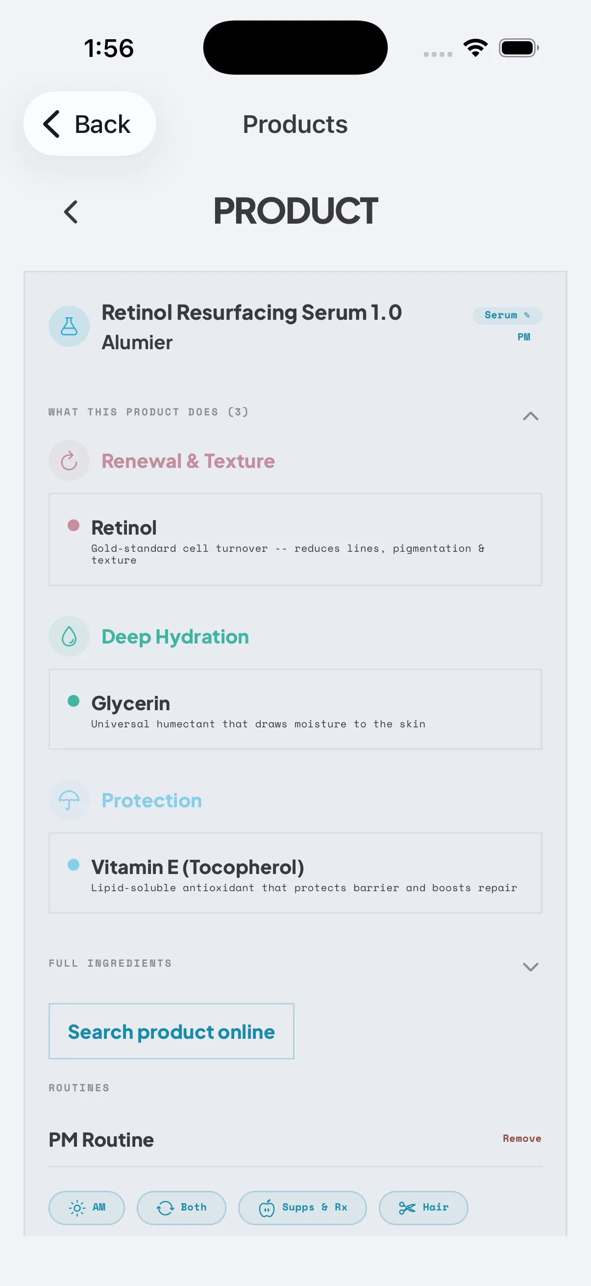 The SEQUEN product view breaking a scanned mask down into its active ingredients, grouped by what each one does