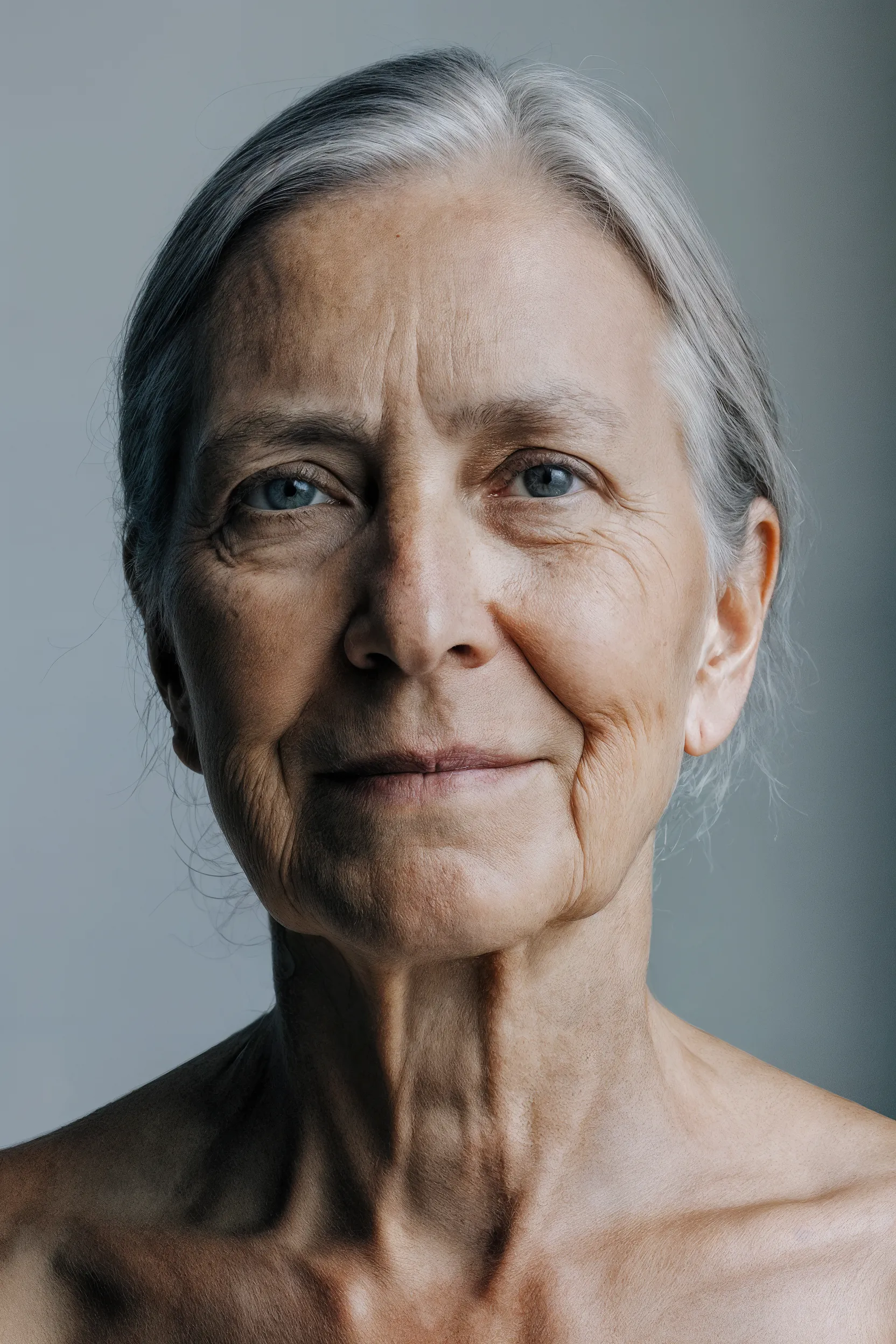 A person with mature, lived-in skin and natural lines