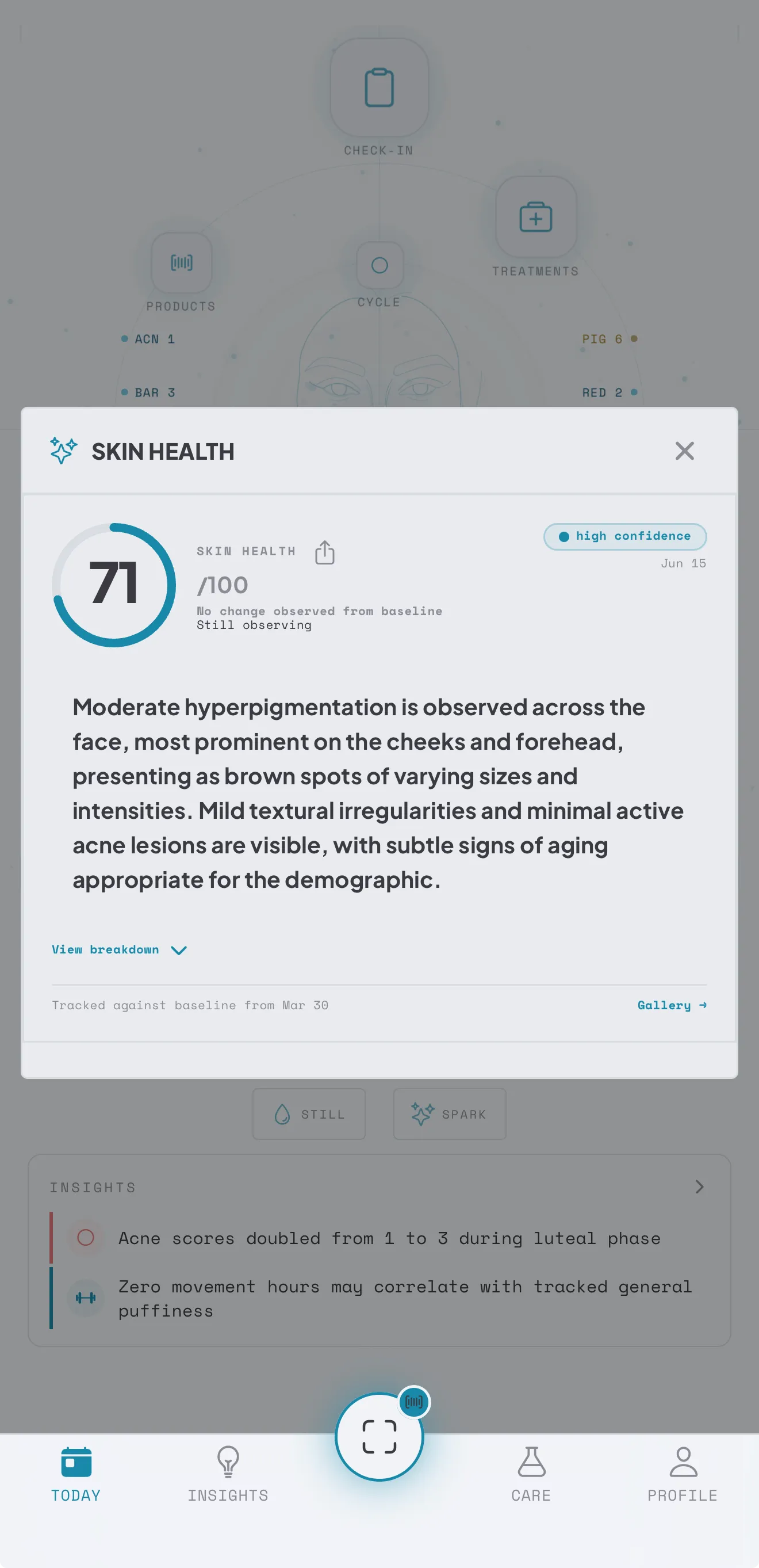 The SEQUEN skin health summary, scored 71 out of 100 with a high confidence flag, tracked against a baseline